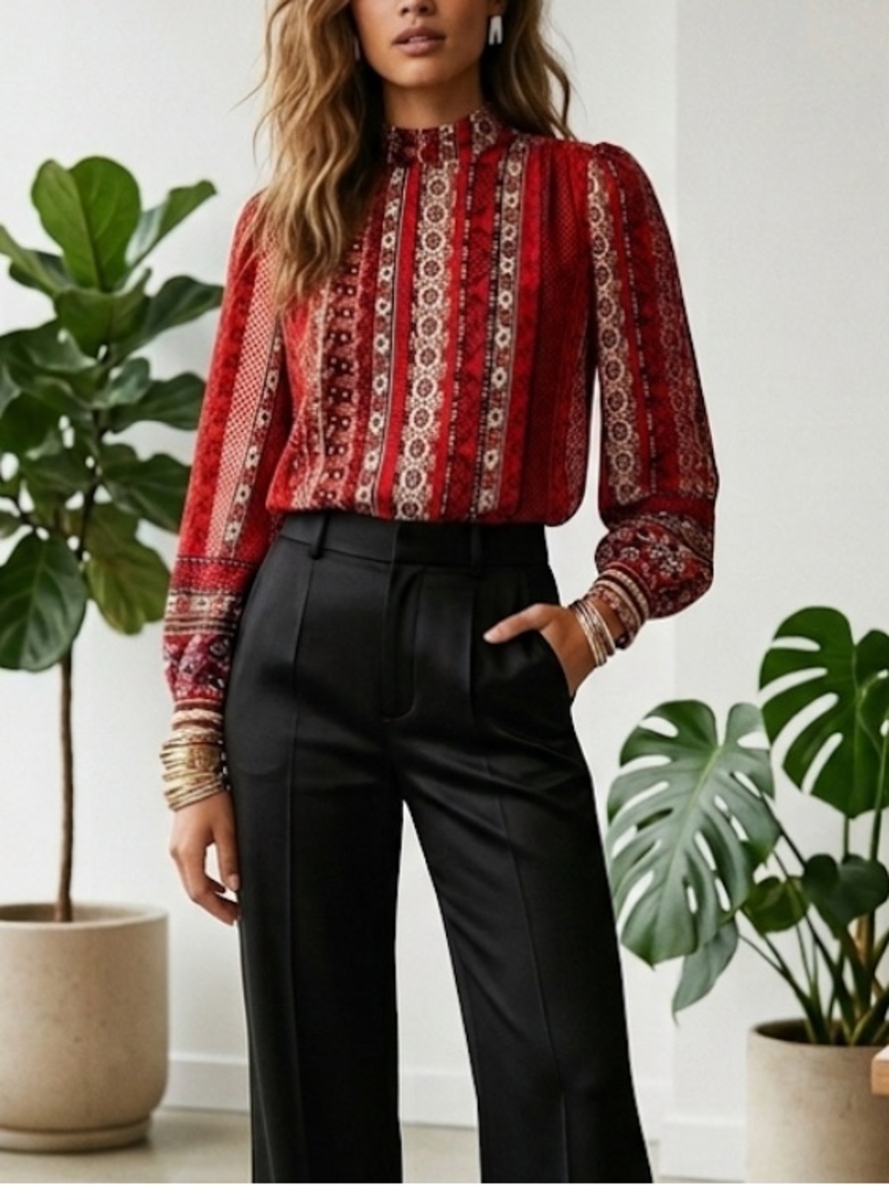 LOFT Top XSP Red Floral Puff Long Sleeves Bow Tie Detail Western Boho Peasant